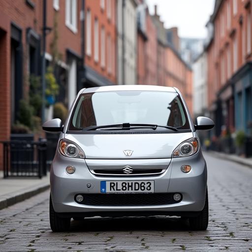 A compact economy car parked on a Dublin street