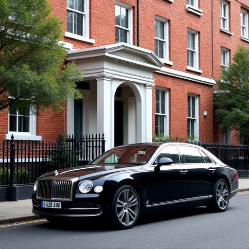 A luxury black sedan in front of a Georgian building