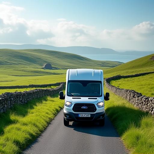 A passenger van driving through the Irish countryside