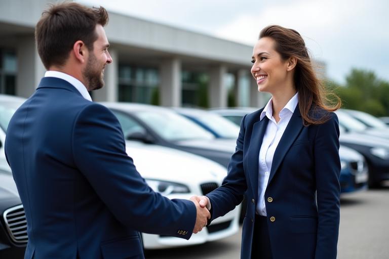 Two business professionals shaking hands in front of a fleet of cars